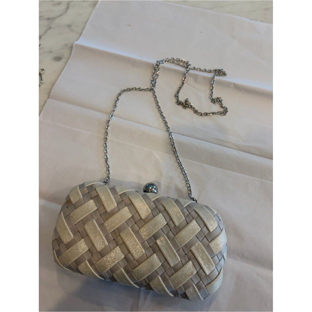 Woven Metallic Silver Evening Clutch with Chain Strap